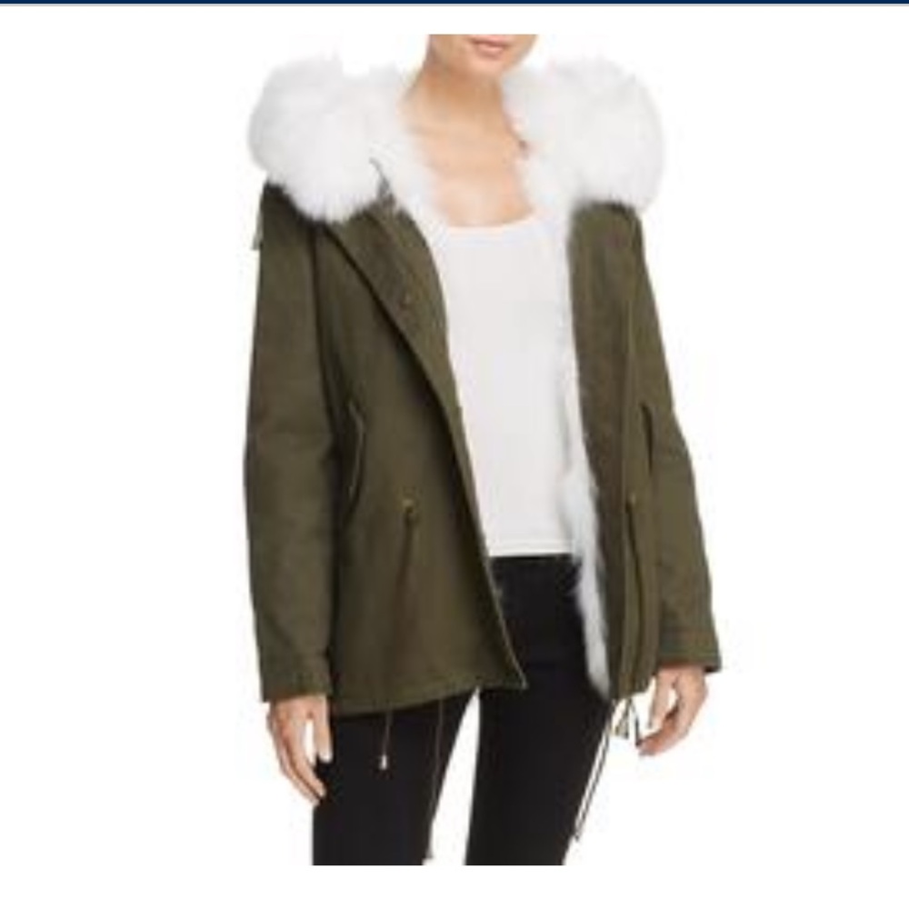 Peri luxe womens winter fur parka coat in olive green with white fur size xs